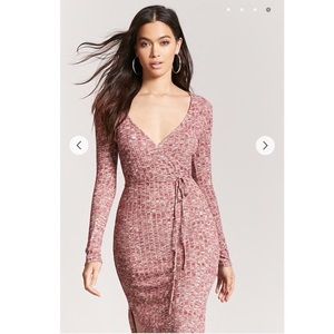 Pink tweed marled knit surplice dress